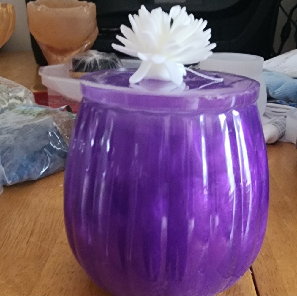Elegant Purple Candle Holder with White Lotus Accent